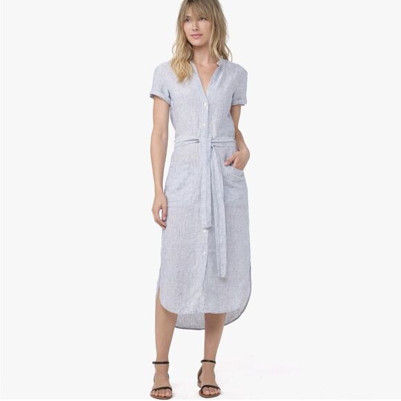 James Perse Linen Button Front Shirt Dress Belted Midi Blue Stripe Sz 3 (Large) - Picture 1 of 10